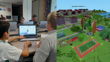 On the left, pupils playing Luanti on laptops. On the right, a voxel reconstruction of a city.